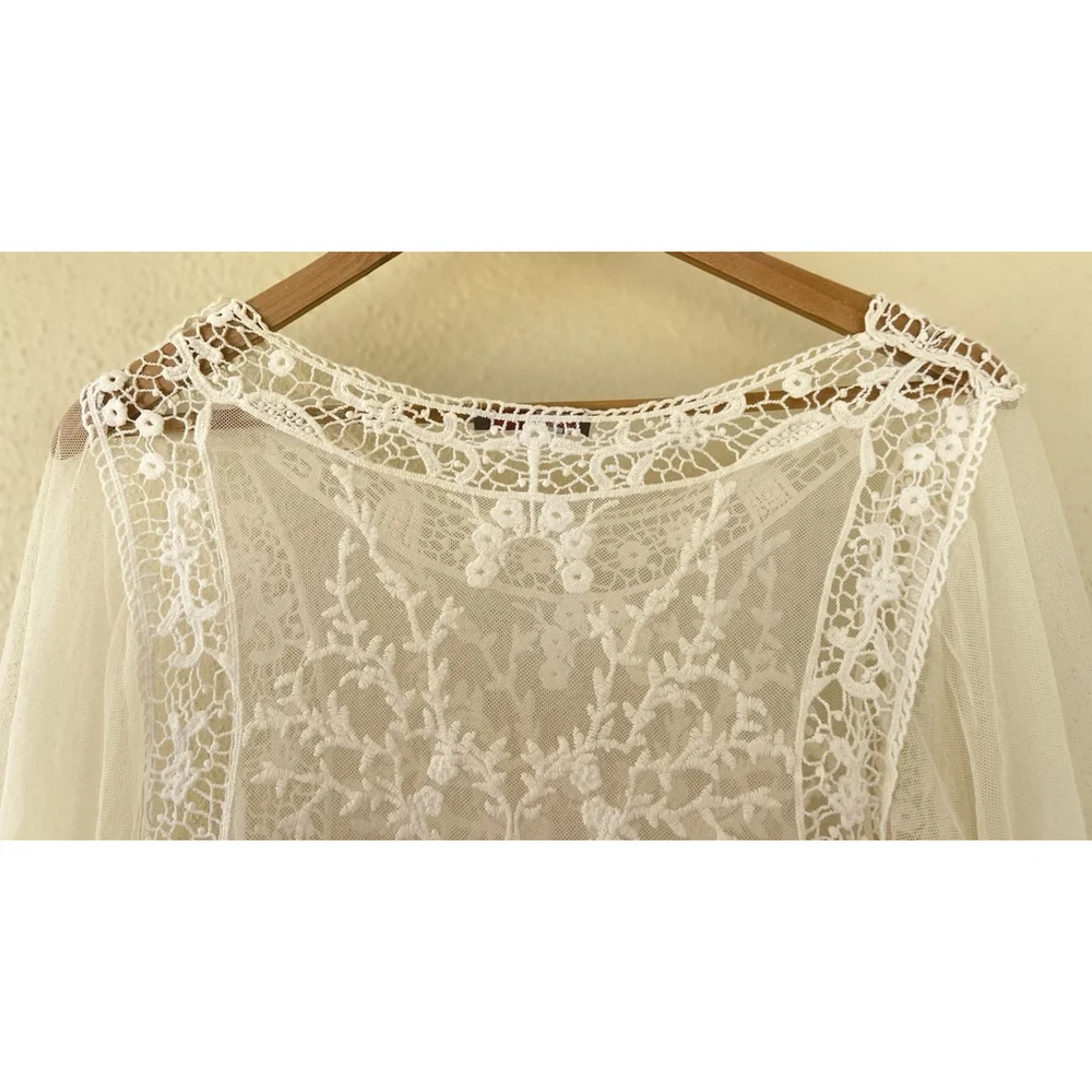 Love Culture Sheer Mesh Crochet Lace Bell Sleeve Blouse Boho Coquette Festival - Picture 6 of 8